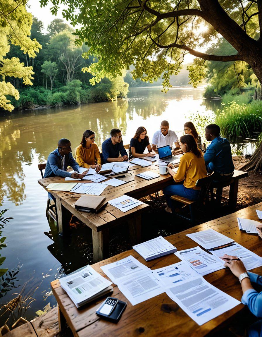 A serene riverside scene featuring a diverse group of people gathered around a table filled with financial documents, calculators, and laptops, while a knowledgeable financial advisor provides guidance. The backdrop presents lush greenery and a calm river, symbolizing stability and growth. Warm sunlight filters through the trees, creating a welcoming atmosphere. super-realistic. vibrant colors. peaceful setting.