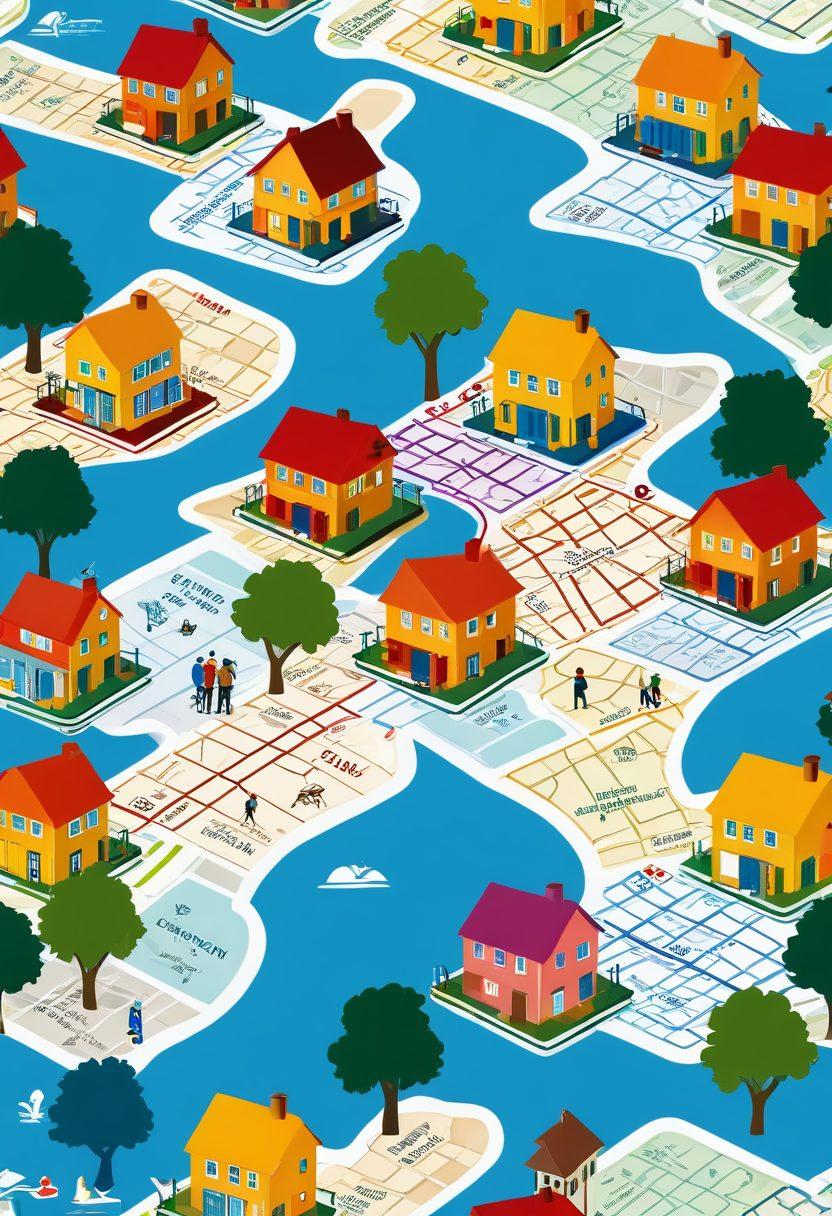 A detailed map of Riverside County highlighting various property assessment locations with icons representing taxpayer resources. Include a diverse group of individuals discussing paperwork and refunds, conveying a sense of collaboration and guidance. Surround the map with symbols of money, houses, and calculators to emphasize property assessments and financial aspects. Bright and engaging colors to create an inviting atmosphere. vector art. vibrant colors. white background.