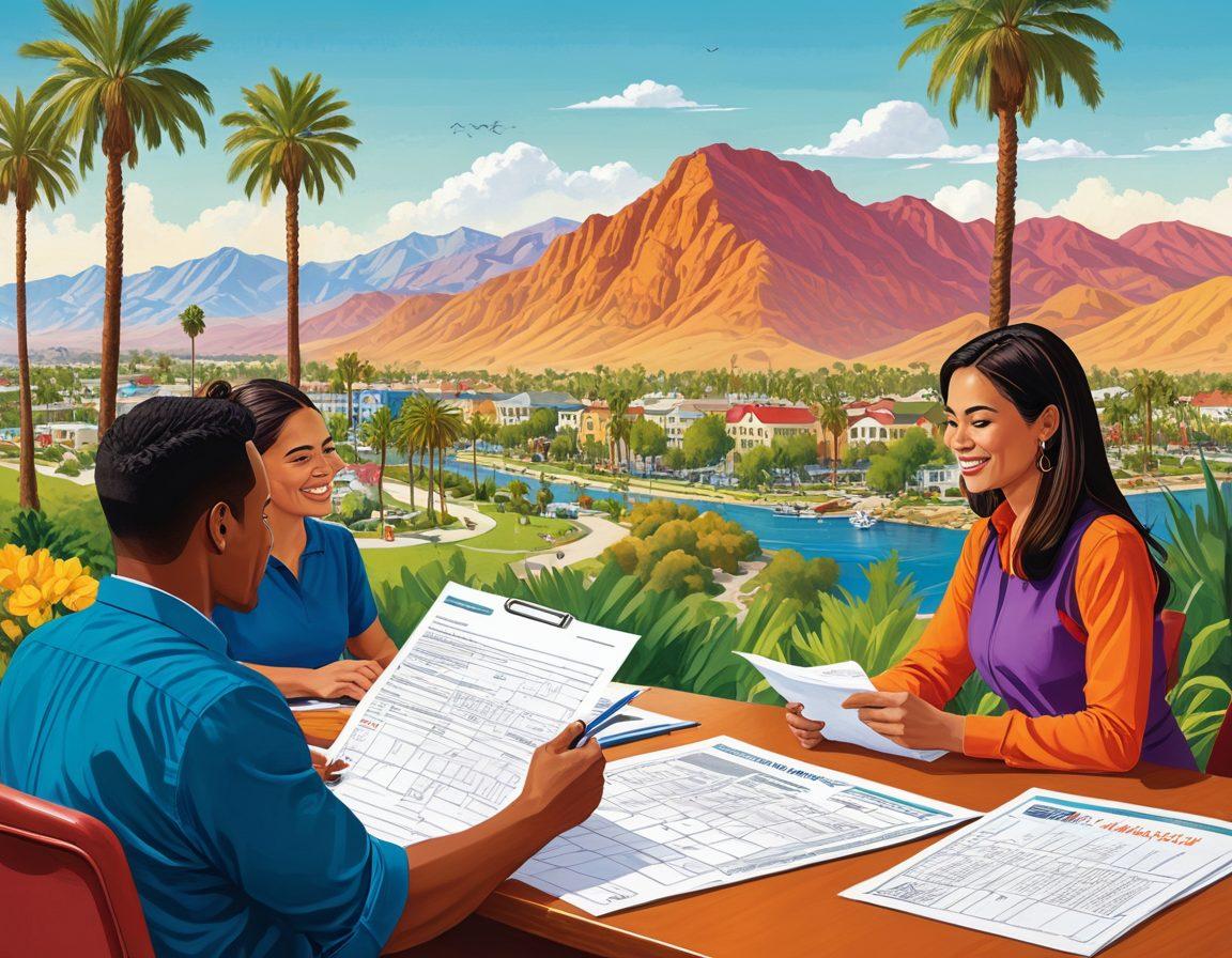 A scenic view of Riverside County with iconic landmarks in the background, surrounded by stacks of paperwork and tax forms, while a diverse group of taxpayers consults a friendly tax advisor. The image conveys a sense of community, guidance, and financial awareness. bright colors. modern illustration.